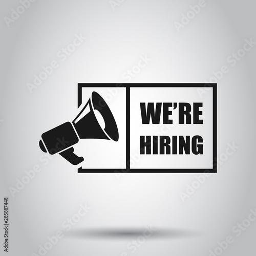 We're hiring icon in flat style. Job vacancy search vector illustration on isolated background. Megaphone announce business concept.