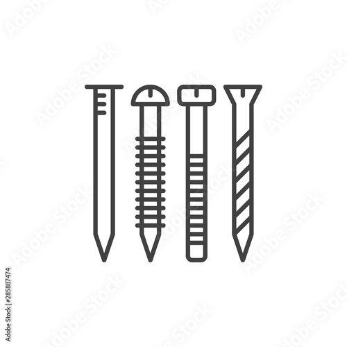 Nail and screw vector concept icon or symbol in thin line style