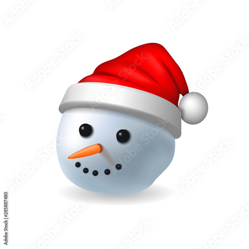 Snowman face 3D. Realistic snowman head isolated white background. Cartoon graphic design. Comic expression costume. Funny face, carrot, coals eyes, pebbles mouth. Smiling face. Vector illustration