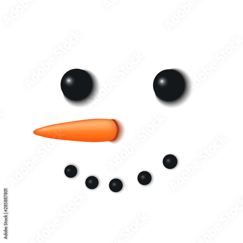 Snowman face 3D. Realistic snowman isolated white background. Cartoon graphic design. Comic expression costume. Funny face, carrot, coals eyes, pebbles mouth. Smiling simple face. Vector illustration