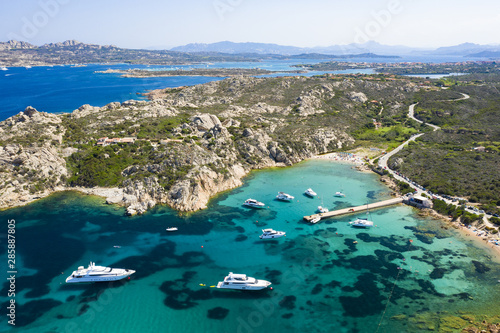 View from above, stunning aerial view of the Maddalena archipelago in Sardinia with beautiful bays of turquoise sea. Maddalena Arcipelago National Park, Sardinia, Italy. photo