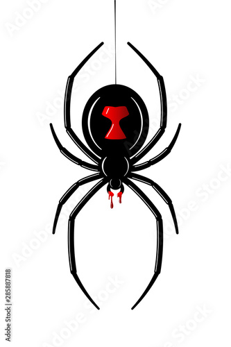 Spider Black Widow. Red black bug spider 3D, isolated white background. Scary Halloween redblack icon, symbol horror, animal arachnid, creepy dangerous insect, arachnophobia fear. Vector illustration