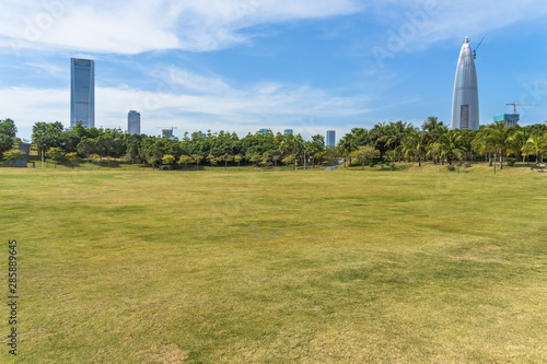 Canvas Print cityscape and skyline of shanghai from meadow in park.