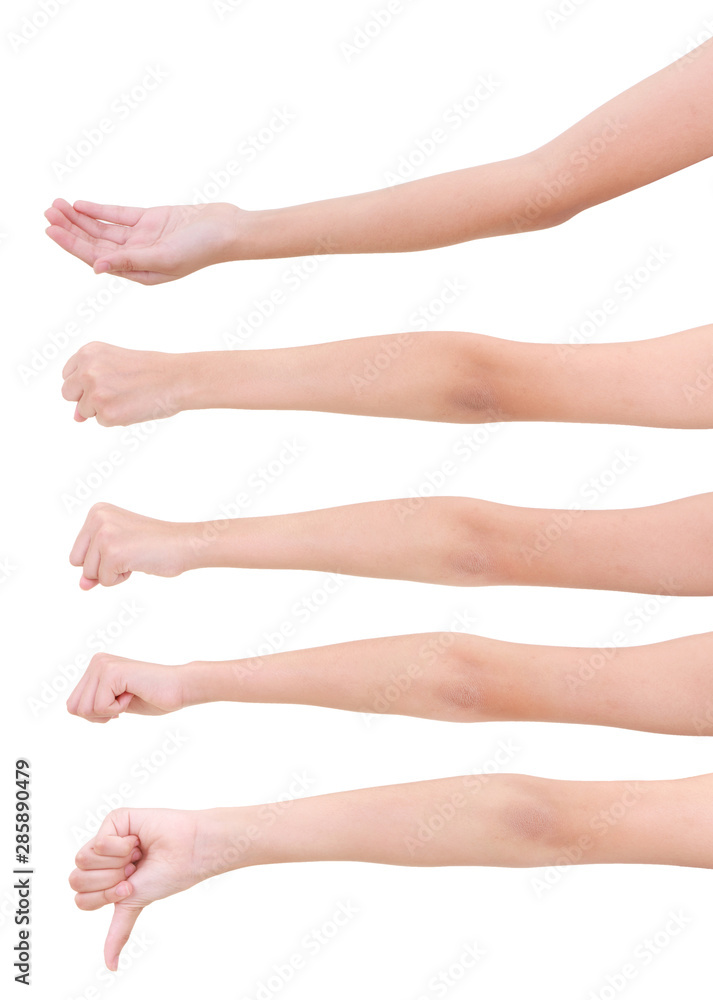 Multiple girl hand gestures isolated over the white background, set of multiple images Multiple girl hand gestures isolated over the white background, set of multiple images