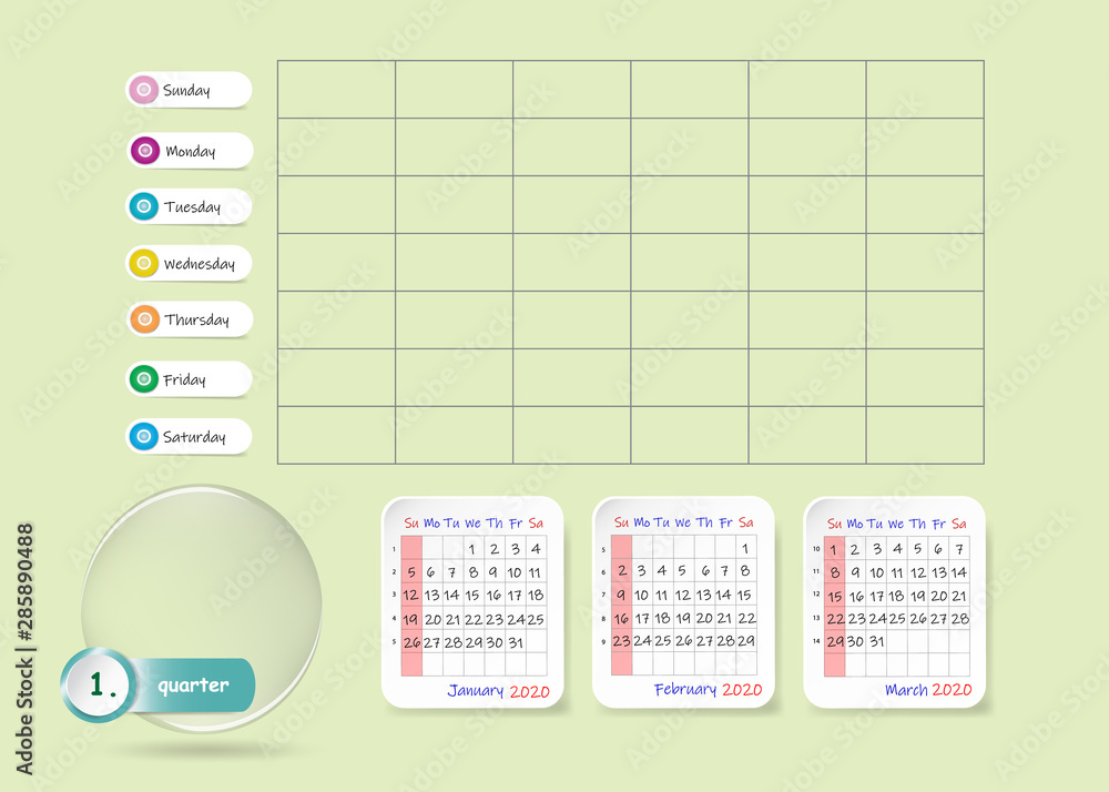 Calendar for first quarter of 2020 year with weekly planner chart and ...