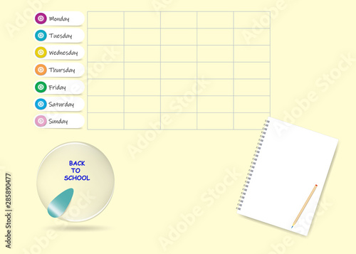 Back to school weekly planner on yellow background. Week start Monday.