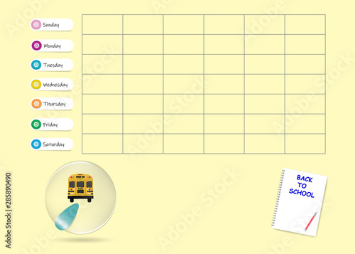 School bus weekly planner template on yellow background. Week start Sunday.