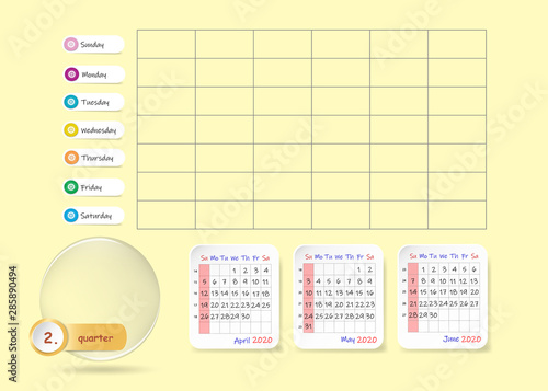 Calendar for second quarter of 2020 year with weekly planner chart and blank label for notes and main tasks. Week start Sunday.