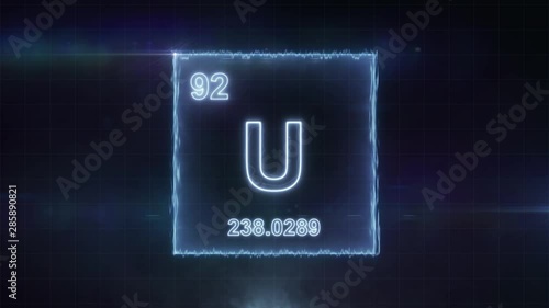 Uranium - periodic table element symbol hologram glowing on dark background in 4K