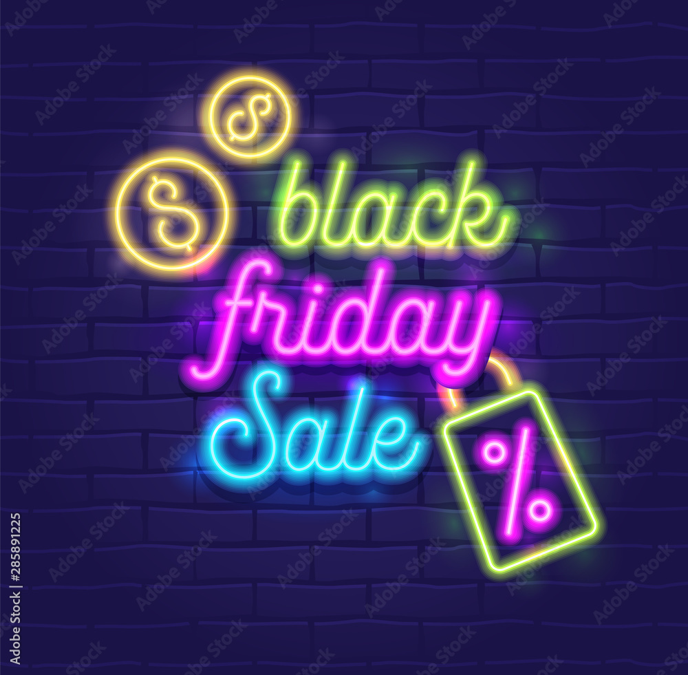 Black Friday Sale Banner with Highly Detailed Realistic Neon Glowing Typography on Dark Blue Brick Wall Background Black Friday Sale Banner with Highly Detailed Realistic Neon Glowing Typography on Dark Blue Brick Wall Background