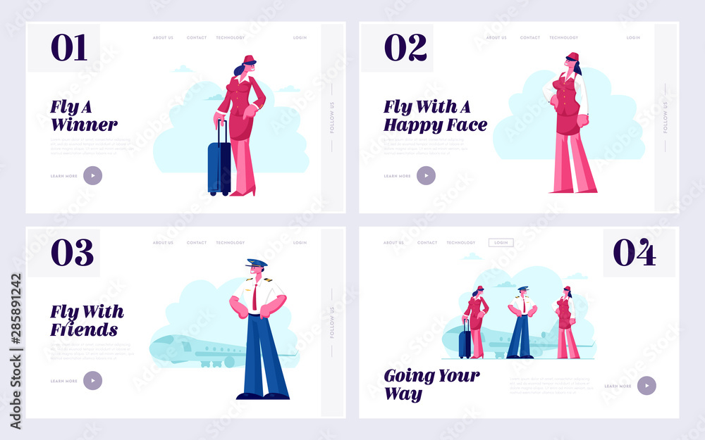 Airline Team Website Landing Page Set. Aviation Aircrew Characters Pilot and Stewardesses in Airport with Jet Plane. Air Hostess Service Concept for Web Page Banner. Cartoon Flat Vector Illustration Airline Team Website Landing Page Set. Aviation Aircrew Characters Pilot and Stewardesses in Airport with Jet Plane. Air Hostess Service Concept for Web Page Banner. Cartoon Flat Vector Illustration