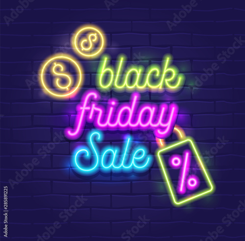 Black Friday Sale Banner with Highly Detailed Realistic Neon Glowing Typography on Dark Blue Brick Wall Background