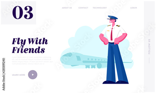 Airline Crew Website Landing Page. Smiling Pilot Wearing Uniform Stand with Arms Akimbo on Airplane Background in Airport. Aviator Male Character Web Page Banner. Cartoon Flat Vector Illustration