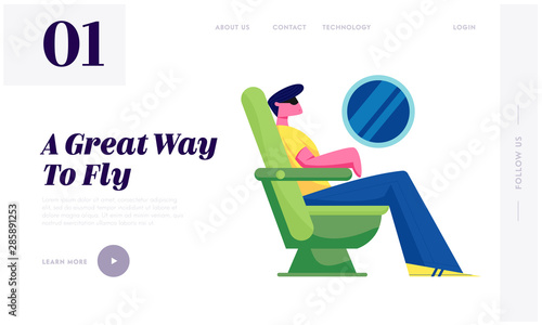 Airplane Traveling Website Landing Page. Young Man Sitting in Comfortable Seat Relaxing in Sleep Mask on Plane Board, Airline Transportation Service Web Page Banner. Cartoon Flat Vector Illustration