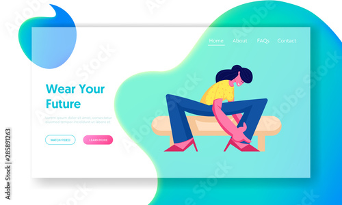 Shopping Website Landing Page. Young Woman Trying on Shoes Sitting on Couch in Footgear Store. Young Girl Choose and Fitting Footwear in Market or Mall Web Page Banner Cartoon Flat Vector Illustration