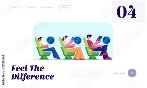 People Travel by Airplane Website Landing Page. Passenger Characters Sitting on Plane Board Relaxing, Listen Music Reading Book. Airline Transportation Web Page Banner Cartoon Flat Vector Illustration