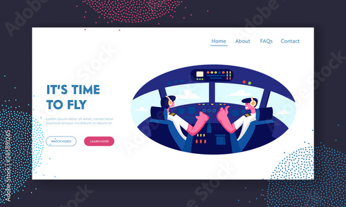Aviators in Cockpit Driving Aircraft Website Landing Page. Smiling Pilots in Headset and Uniform Sitting in Cabin of Plane at Airport. Airplane Crew Web Page Banner. Cartoon Flat Vector Illustration
