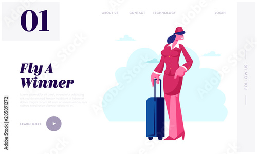 Air Hostess Website Landing Page. Stewardess Flight Attendant Girl in Red Uniform Holding Suitcase Prepare to Flight by Airplane, Airline Staff Aviation Profession. Cartoon Flat Vector Illustration