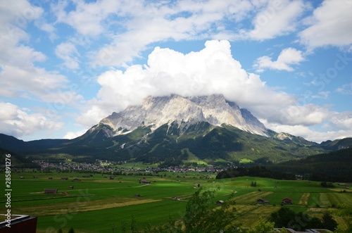 Zugspitze with its peak in a cloud seen from Lermoos, Reutte, Austria
