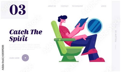 Passenger on Plane Board Website Landing Page. Tourist Traveling by Airplane Sitting in Comfortable Seat Reading Book. Airline Transportation Service Web Page Banner. Cartoon Flat Vector Illustration