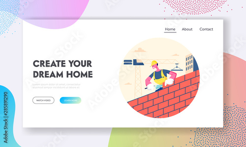 Man Builder Working at Construction Site Website Landing Page. Worker Wearing Helmet and Uniform Holding Trowel Put Concrete for Laying Brick Wall Web Page Banner. Cartoon Flat Vector Illustration