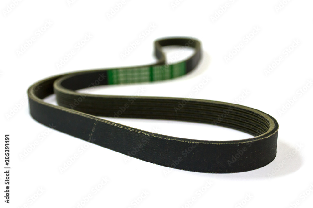 New drive belt on white background, Isolated, V-shaped belt.