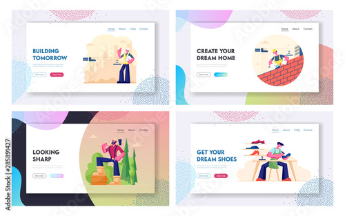 Different Worker Male Profession Occupation Website Landing Page Set. Architect Builder Lumberjack and Shoemaker Characters at Work. Hardworking People Web Page Banner Cartoon Flat Vector Illustration