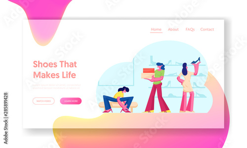 Women in Shoe Market Website Landing Page. Customers Choose and Trying on Shoes in Footgear Store. Girls Fitting Footwear in Shopping Mall, Spare Time Web Page Banner. Cartoon Flat Vector Illustration