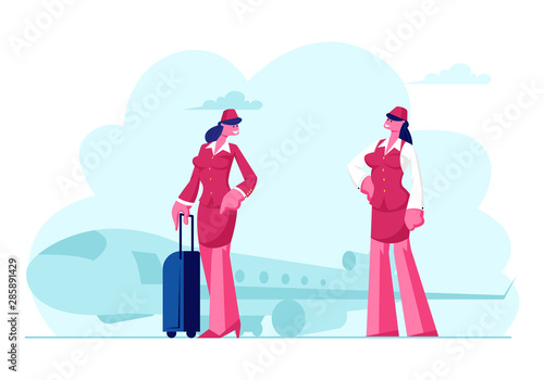 Stewardess Flight Attendant Air Hostess Girls Wearing Red Uniform and Cap Holding Suitcase Stand on Airplane Background Departure to Destination Place Airline Staff Cartoon Flat Vector Illustration