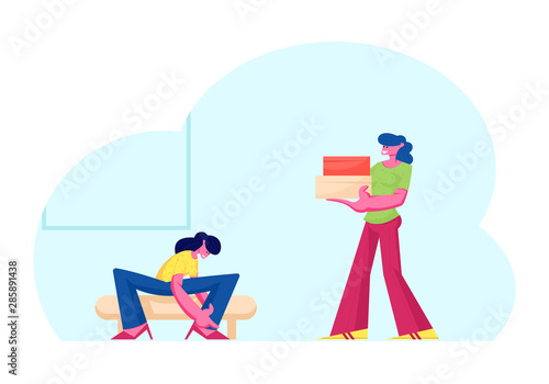 Young Woman Trying on Shoes Sitting on Couch, Saleswoman Carry Boxes with Footgear to Customer in Store. Girl Choose and Fitting Footwear in Market or Shopping Mall. Cartoon Flat Vector Illustration