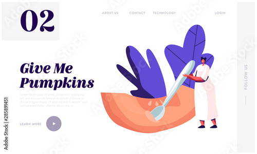 Woman Prepare Home Food Website Landing Page. Tiny Female Character Delete Seeds with Spoon from Ripe Pumpkin Slice for Cooking Thanksgiving Day Dish. Web Page Banner. Cartoon Flat Vector Illustration