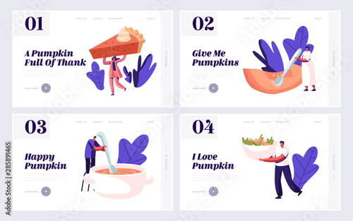 Pumpkin Home Food Menu Website Landing Page Set. Tiny Male and Female Characters Cooking and Eating Traditional Thanksgiving Day Pie, Porridge and Soup Web Page Banner Cartoon Flat Vector Illustration