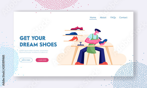 Footgear Repair Service Website Landing Page. Shoemaker Sitting at Workplace Mending Shoe in Workshop with Footwear Stand on Shelf. Man Hammering Boot Web Page Banner. Cartoon Flat Vector Illustration