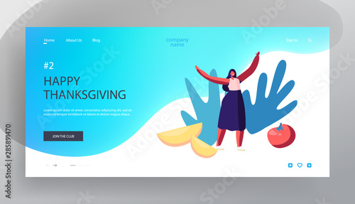 Thanksgiving Day Celebration Website Landing Page. Cheerful Female Character Stand with Hands Up and Fresh Vegetables Tomato and Pumpkin Slices around Web Page Banner. Cartoon Flat Vector Illustration