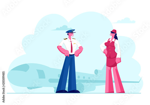 Aviation Aircrew Characters Pilot with Arms Akimbo and Stewardess Wearing Uniform Posing on Airport with Flying Jet Plane Background. Air Hostess Service Staff Concept Cartoon Flat Vector Illustration