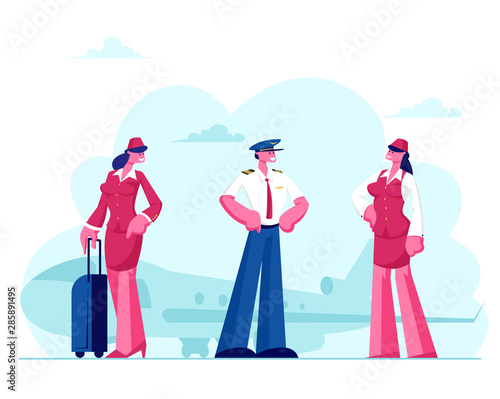 Aviation Aircrew Characters. Pilot and Stewardesses Wearing Uniform and Luggage Standing on Airport with Flying Jet Plane Background. Air Hostess Service Concept. Cartoon Flat Vector Illustration