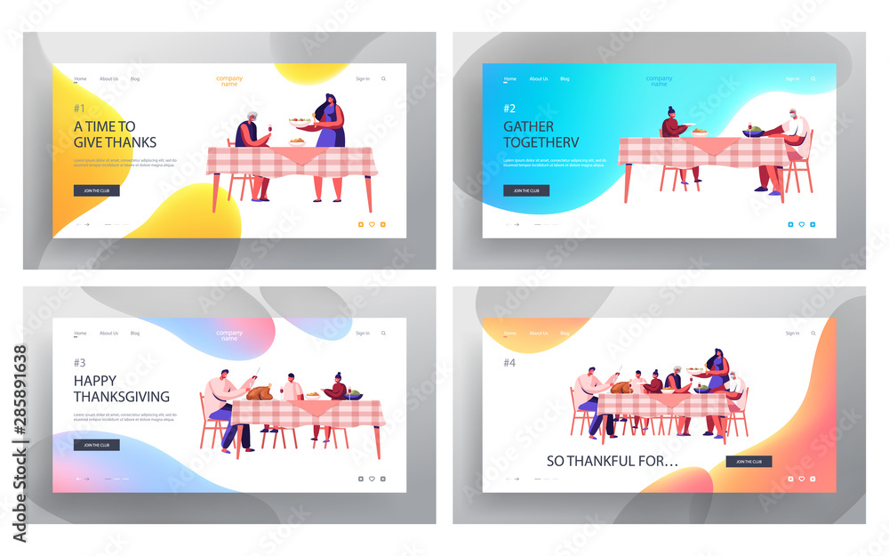 Obraz premium Happy Family of Parents and Children Celebrating Thanksgiving Day Website Landing Page Set. People Eating Meal and Talking Together, Festive Lunch Web Page Banner. Cartoon Flat Vector Illustration