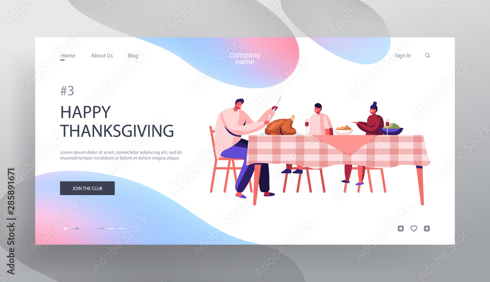 Plakat Happy Family Dad and Kids Thanksgiving Day Celebration Website Landing Page. Father Cut Roasted Turkey Sitting at Table with Festive Food and Drinks Web Page Banner. Cartoon Flat Vector Illustration