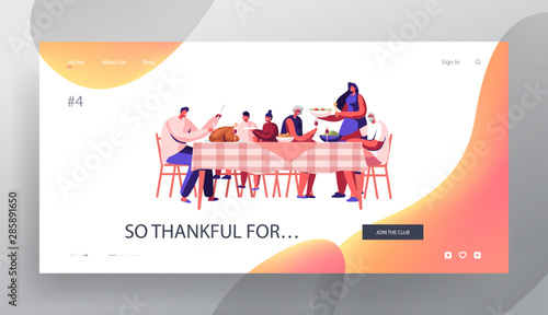 Big Family Thanksgiving Celebration Dinner Website Landing Page. Happy People Sitting Around Table with Festive Food. Parents and Children Generations Web Page Banner. Cartoon Flat Vector Illustration