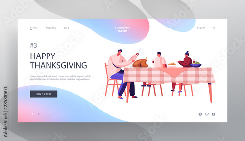 Happy Family Dad and Kids Thanksgiving Day Celebration Website Landing Page. Father Cut Roasted Turkey Sitting at Table with Festive Food and Drinks Web Page Banner. Cartoon Flat Vector Illustration