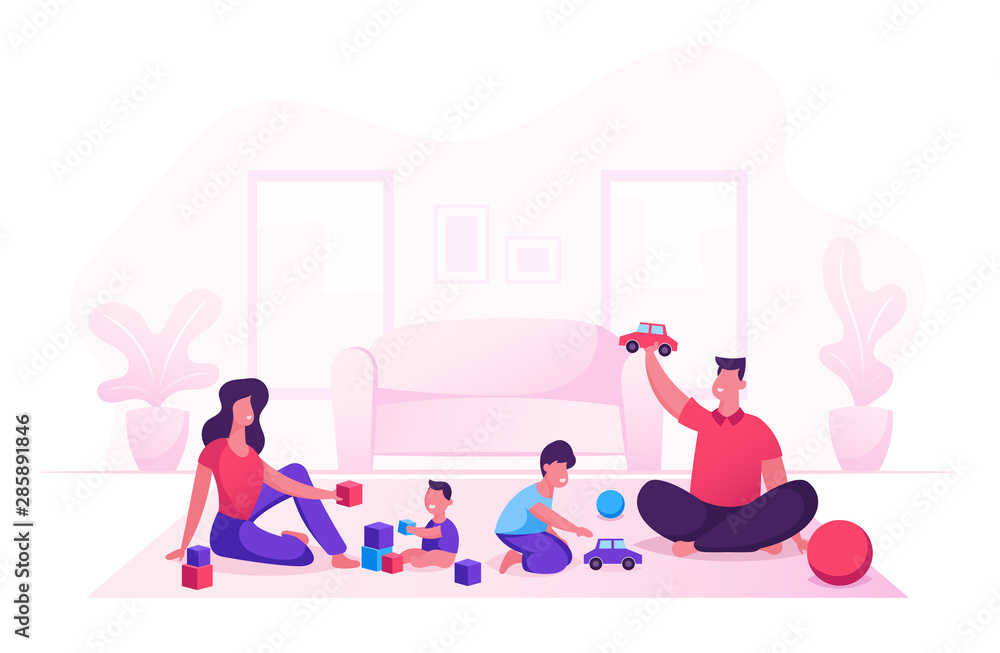 Happy Family with Kids Leisure Time in Evening or Weekend. Father and Mother Playing Toys with Children Sitting on Floor. Mom Dad and Little Sons Loving Relation. Cartoon Flat Vector Illustration - obrazy, fototapety, plakaty 