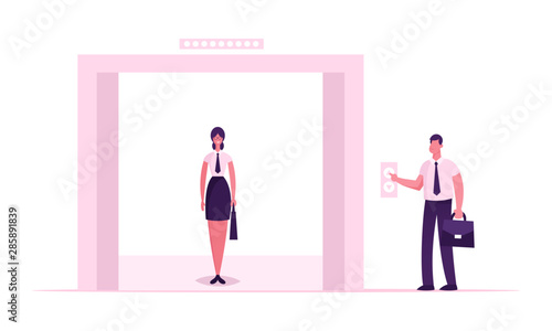 Businesswoman or Office Worker Wearing Formal Dress Stand in Elevator with Open Doors Waiting Inside Lift Stopped on Floor of Building with Male Character Push Button. Cartoon Flat Vector Illustration