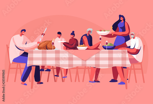 Big Family Thanksgiving Celebration Dinner Around Table with Food. Happy People Eating Meal and Talking Together, Cheerful Characters Group During Festive Lunch. Cartoon Flat Vector Illustration