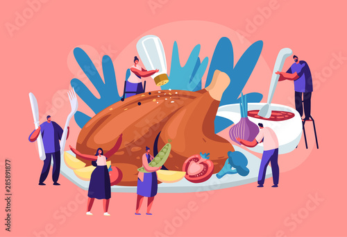 Happy Male and Female Characters Cooking Huge Thanksgiving Turkey. Men and Women Holding Huge Vegetables, Making Sauce, Salt and Spices for Meat. Autumn Family Holiday Cartoon Flat Vector Illustration