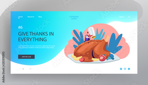 Thanksgiving Day Traditional Meal Website Landing Page. Tiny Female Character Standing on Ladder Salt Huge Baked Turkey Lying on Plate with Vegetables Web Page Banner. Cartoon Flat Vector Illustration