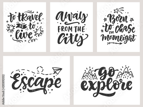 Travel, adventures hand written lettering quotes, t shirt design set