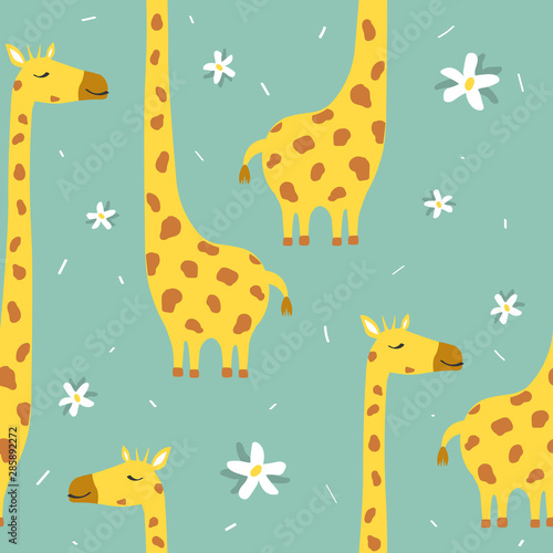 Giraffes, flowers, hand drawn backdrop. Colorful seamless pattern with animals. Decorative cute wallpaper, good for printing. Overlapping background vector. Design illustration