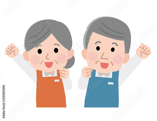 職業　エプロンの職員　上半身　シニア　男女　線なし　イラスト