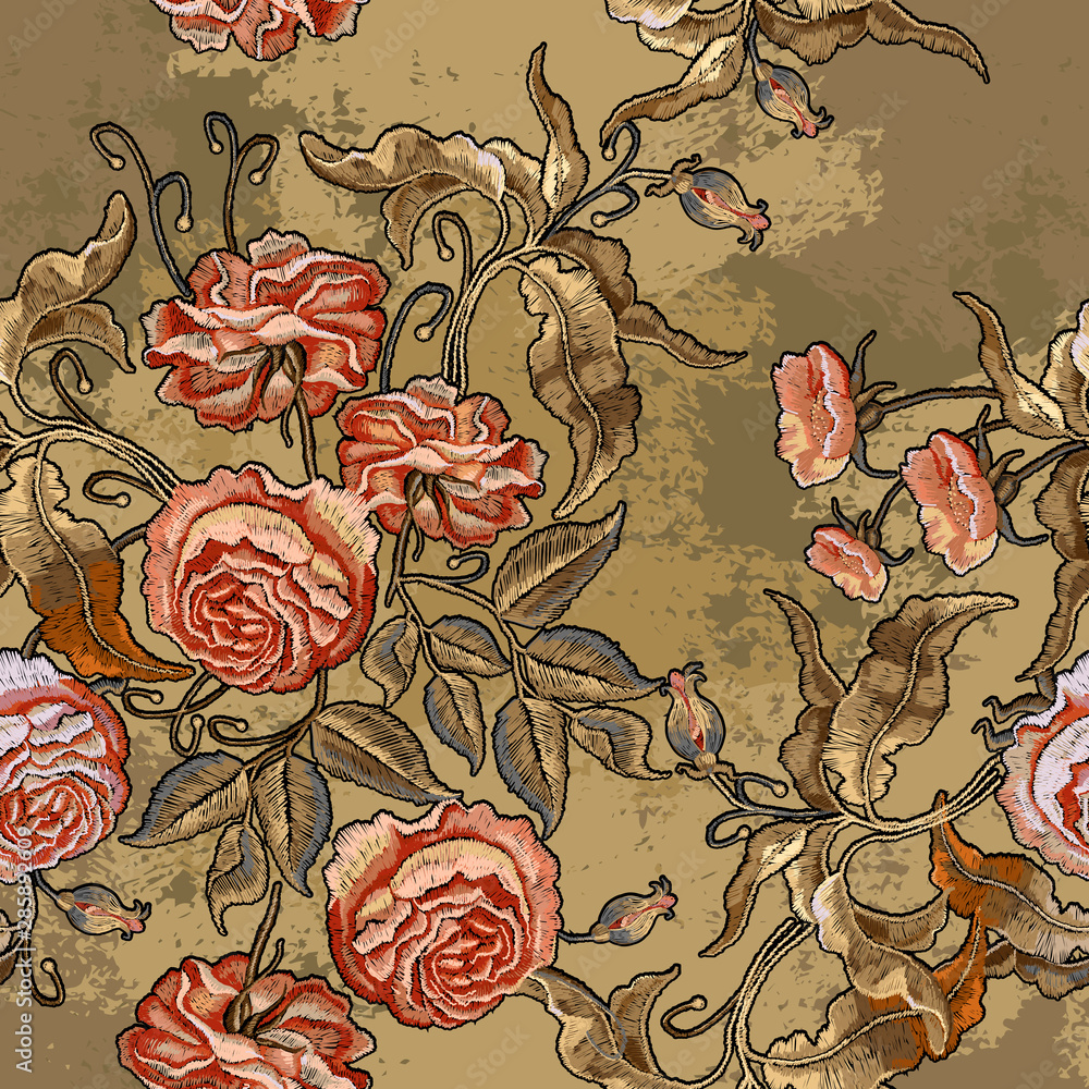 Roses embroidery seamless pattern. Classical embroidery. Fashionable  medieval template of clothes, t-shirt design, tapestry flowers, renaissance  style Stock Vector | Adobe Stock