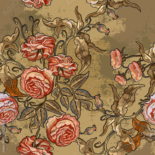 Roses embroidery seamless pattern. Classical embroidery. Fashionable medieval template of clothes, t-shirt design, tapestry flowers, renaissance style